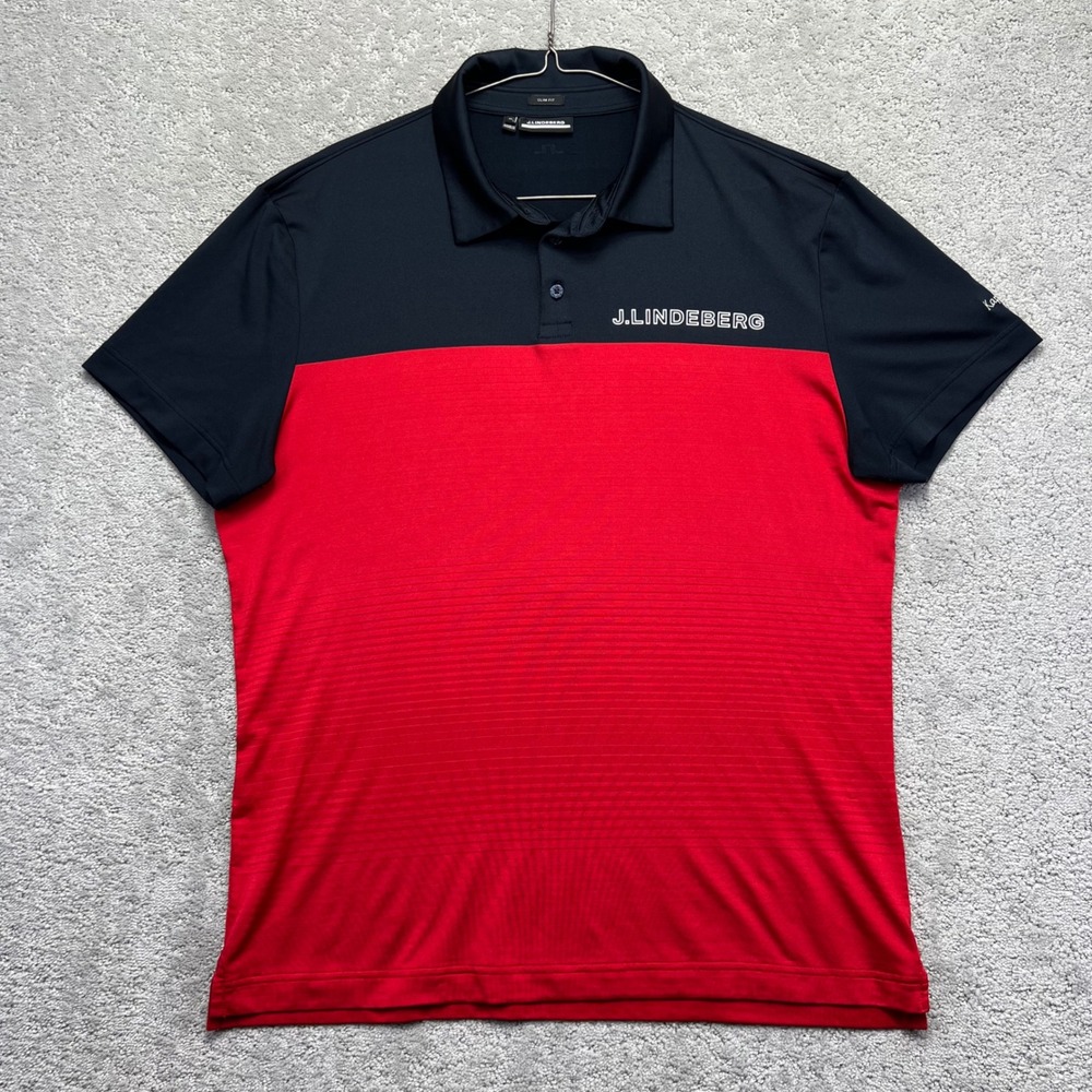 J.Lindeberg Polo Shirt Mens XL Red Black Slim Fit Golf Kapalua Logo Performance